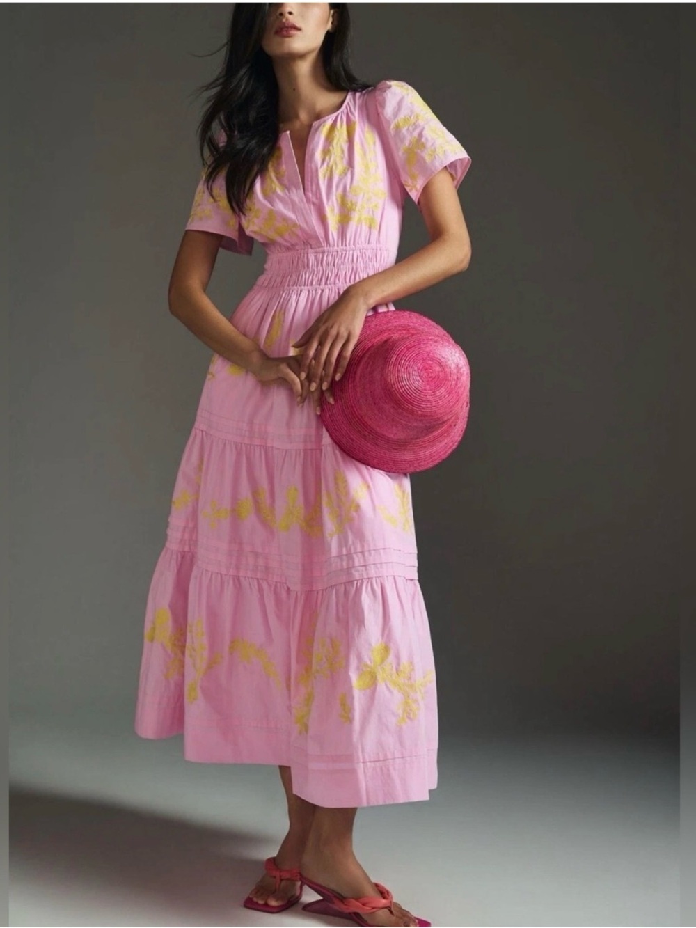 Anthropologie somerset Pink yellow Floral embroidered Dress